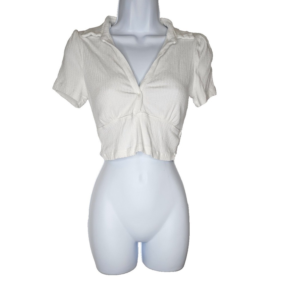 Free People‎ Ivory Ribbed Crop Top Short Sleeve Collared SP Boho Cottagecore